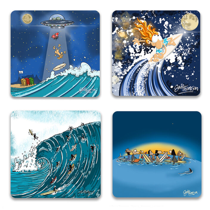 Gavin Thomson Coasters, dawn patrol, abduction, flaming lips, penguins, wooden drinks coasters, kommetjie, cartoonist